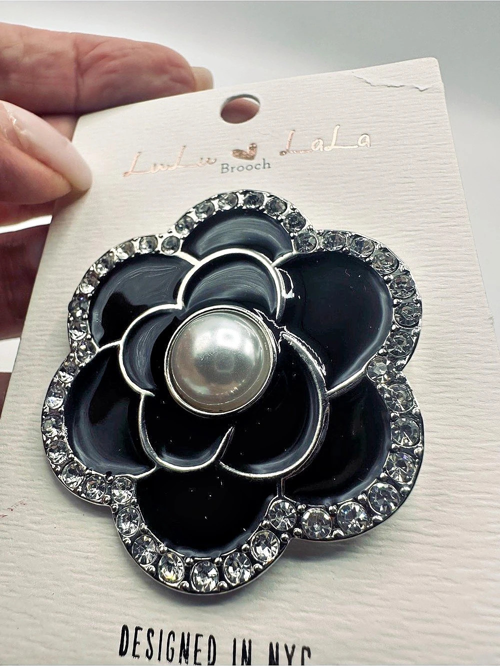 Linda La Floral Rhinestone Brooch in Black & Silver NWT